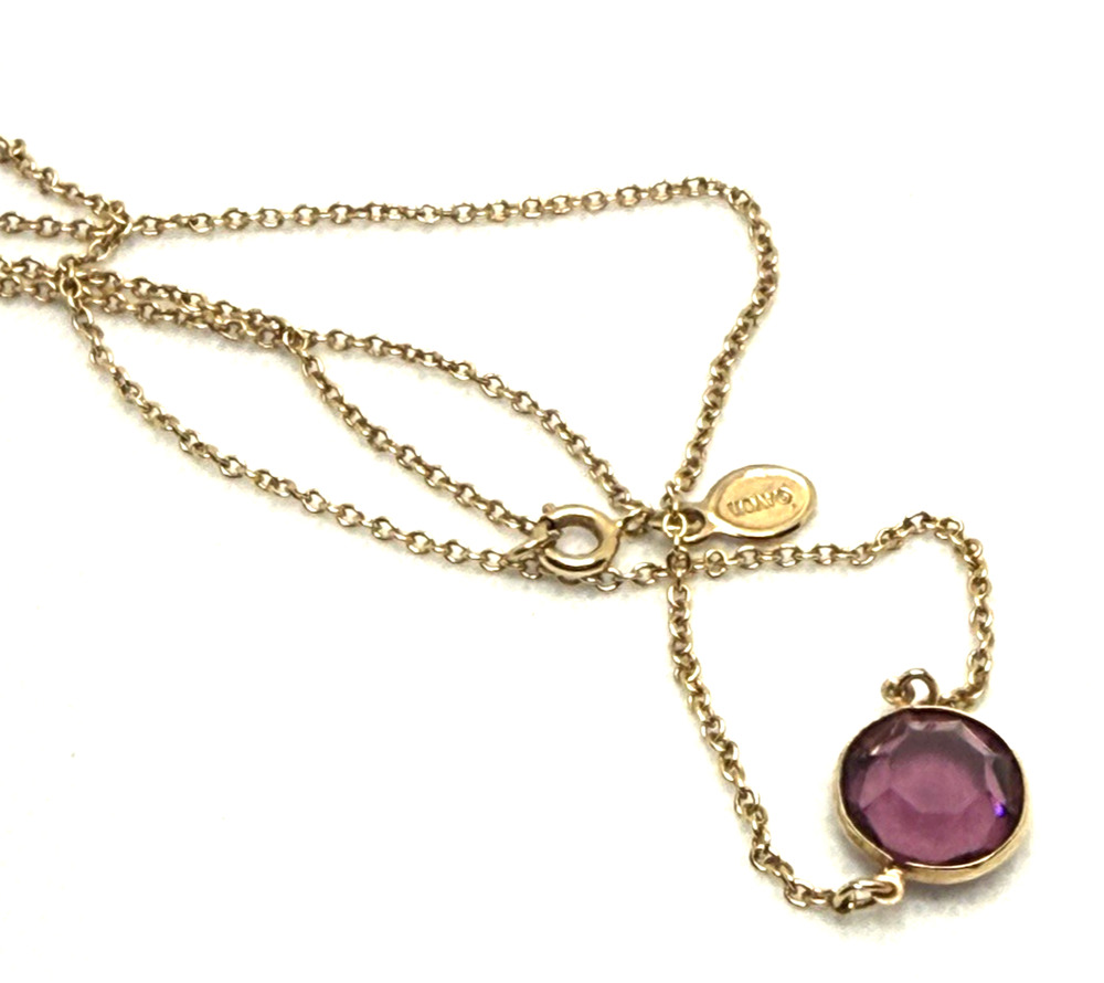 Vintage AVON Faux Amethyst Bezel Birthstone Pendant Necklace Gold Tone 16"